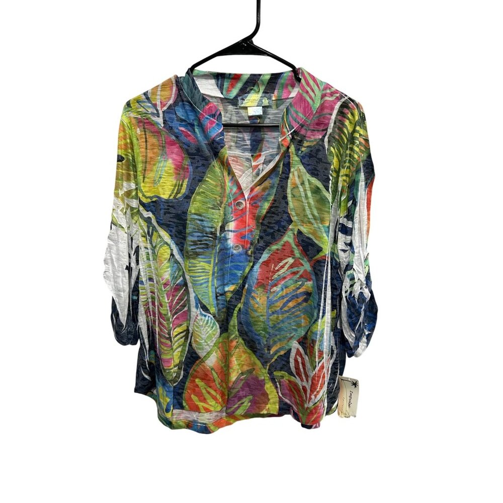 Impulse California Tropical Leaf Print Blouse Multicolor Sz Large Beach NWT